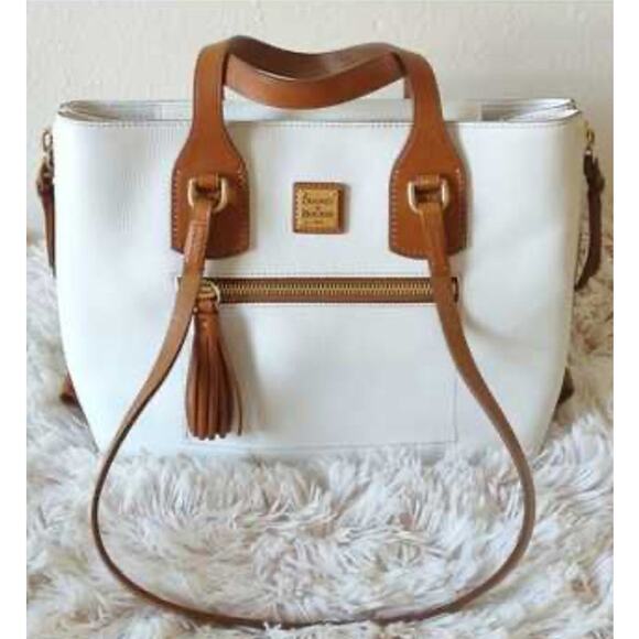 Dooney & Bourke Morgan Satchel White Pebbled Leather Bag Tan Trim Tassel Tote - Picture 11 of 14